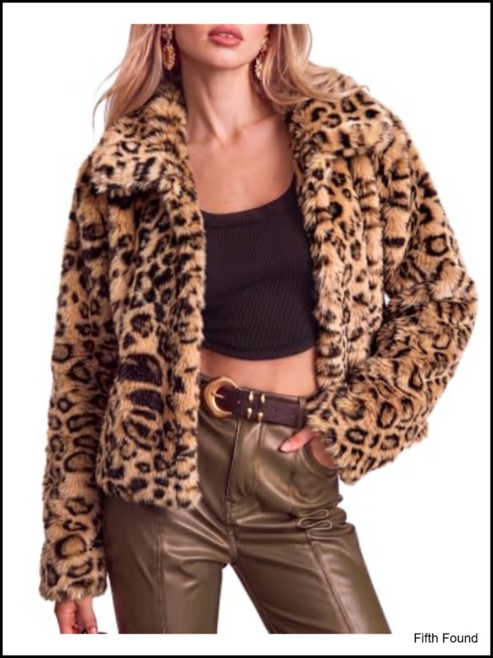 Leopard Print Faux Fur Cropped Jacket Snap Button Winter Coat